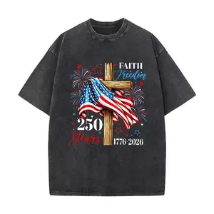 Faith & Freedom 250 Years 1776-2026 Cross American Flag Vintage Washed Tee | Patriotic Christian 4th of July T-Shirt | USA Bicentennial Casual Top