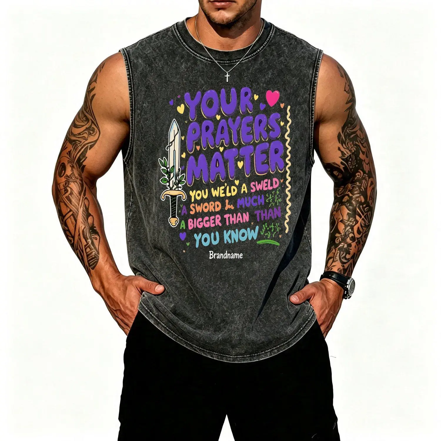 Sleeveless Vest in Y2K Style Featuring Vibrant Text YOUR PRAYERS MATTER Sword Graphic and Playful Hearts Casual Top Ideal Gift for Loved Ones Fashionable Comfortable Summer Outerwear