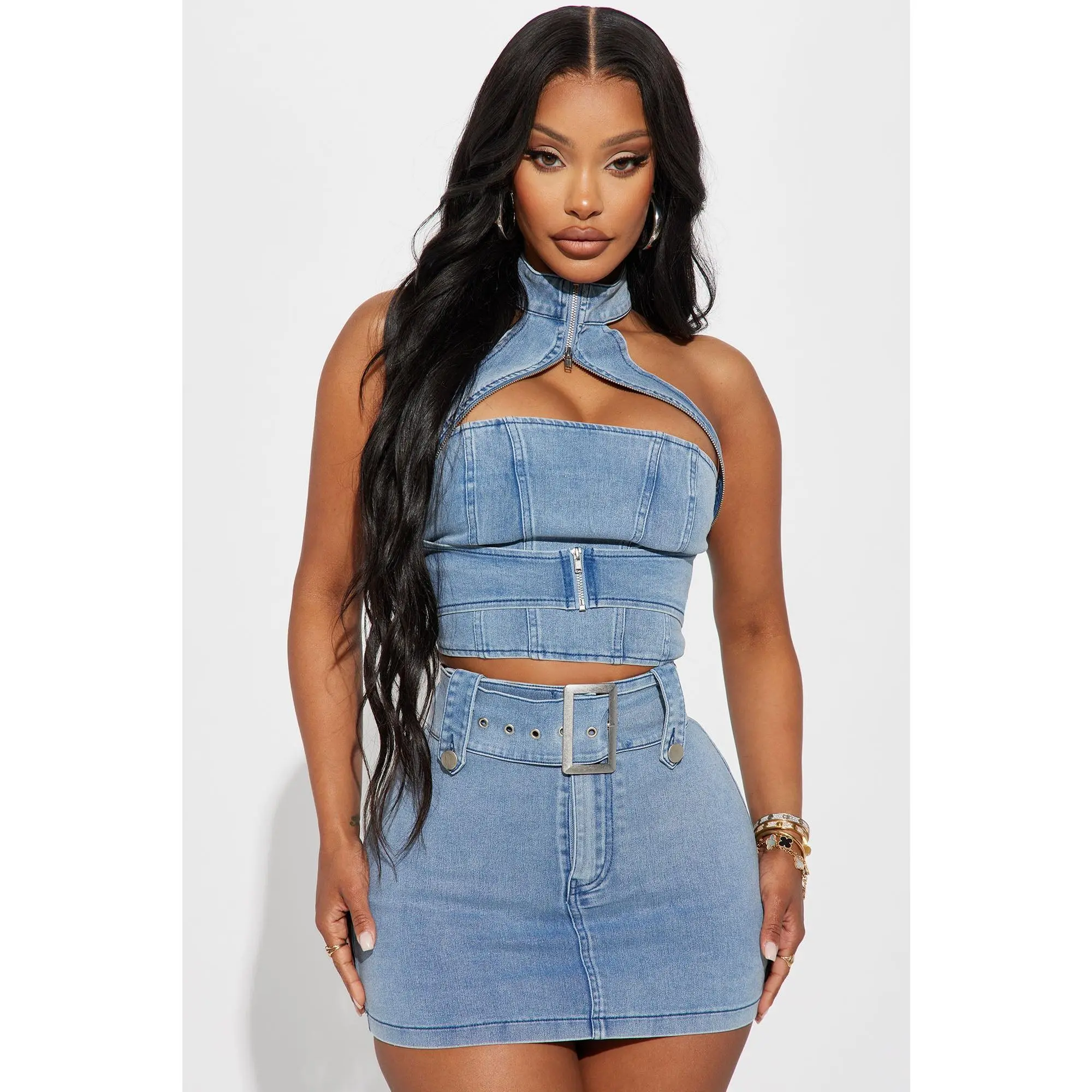 Women's Skort Set Light Wash Denim Sleeveless V-Neck Crop Top High Waist A-Line Shorts Matching Two Piece Casual Summer Beach Vacation Resort Party Club Night Out Date Weekend Travel Holiday Y2K Streetwear Trendy Comfy Chic Versatile Slimming Flattering P