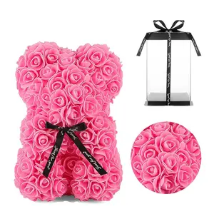 Mother's Day gift foam flower bear PE rose bear pvc gift box, bear design artificial rose bouquet, realistic artificial flowers, Lifelike artificial flower, anniversary gift, wedding party decoration, Plastic Faux Flowers