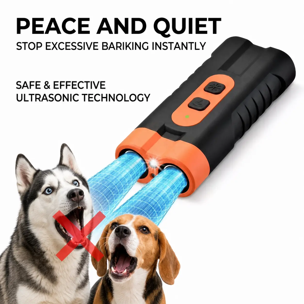 Ultrasonic Dog Barking Deterrent Training Tool - USB-Rechargeable, Dual Emitters, 50ft Range, 25KHz Frequency, Flashlight, Portable Grip, Accessory Kit for Indoor & Outdoor Dog Behavior Control