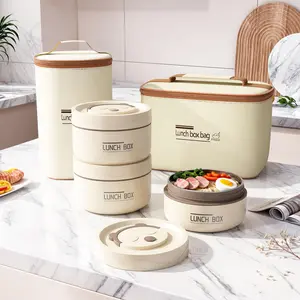 3/4 Pcs Insulated Bento Box for Adults Stainless Steel Round Microwave Safe Stackable Leakproof Portable Beige Insulated Bag Included