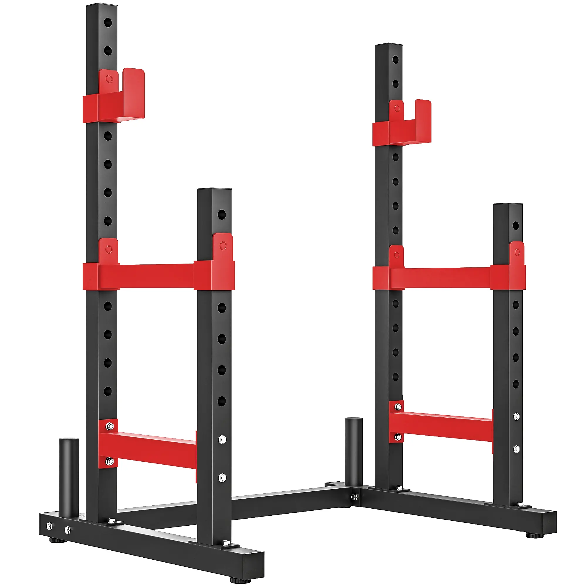 Adjustable Squat Rack – 660 lbs Multi-Functional Bench Press Rack. Dual Barbell Rack Design. 13 Upper + 6 Lower Height Settings. 2"x2" Steel Tubing. Integrated Plate Storage. Red