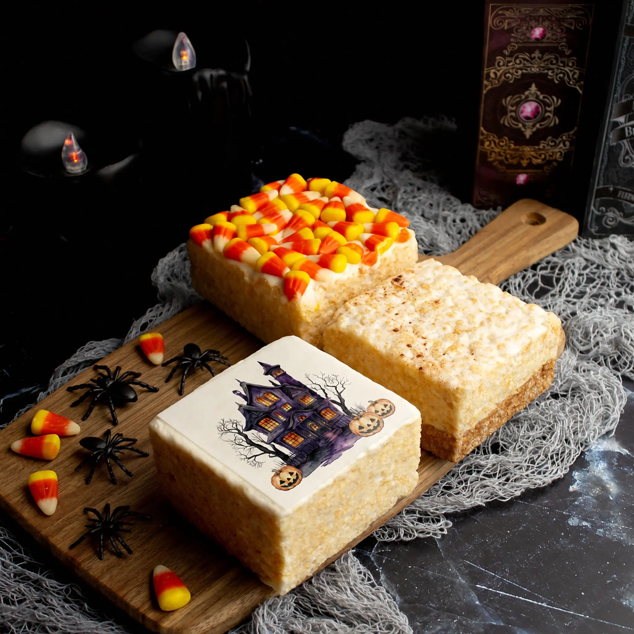 Spooky Sweets Crispycake Bundle | GIANT 3x3" Soft & Gooey Halloween Rice Crispy Treats - Candy Corn, Pumpkin Spice, Haunted House