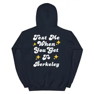 Text Me Berkeley Cal Hoodie - Black Fabric with Text and Stars, Front Pocket, Suitable for Athletic Wear, Soft and Sweaters-Themed Design