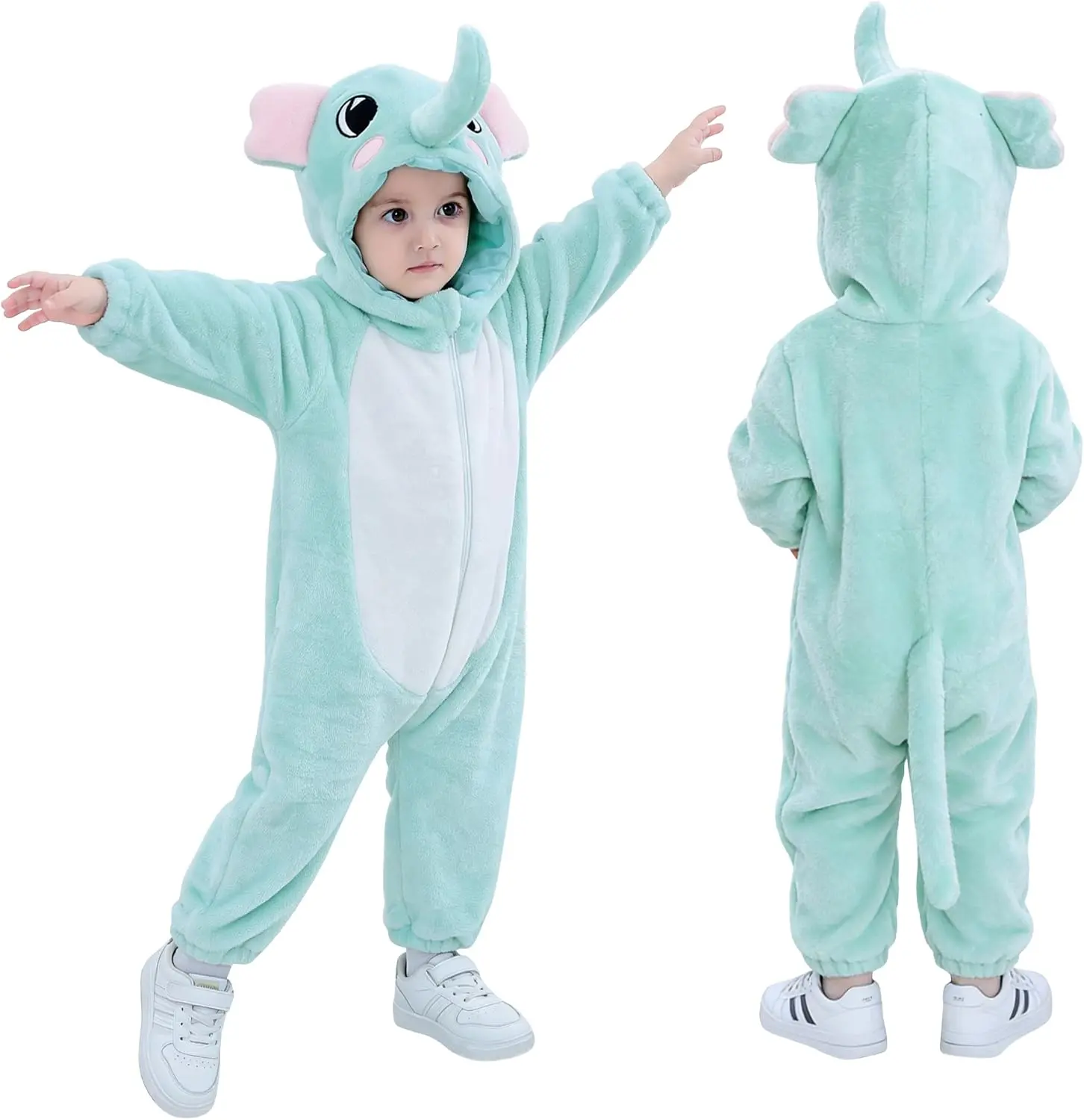 TONWHAR Infants & Toddlers Animal Costume for Halloween & Playwear - Dinosaur Tiger Elephant Giraffe Hooded Romper Jumpsuit for Baby Boy Girl