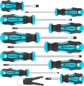 10-Piece Magnetic Screwdrivers Set, 5 Phillips and 5 Slotted Tips Professional Cushion Grip Screwdriver Set 2pcs Portable Multifunction Key Mini Screwdriver (Blue)