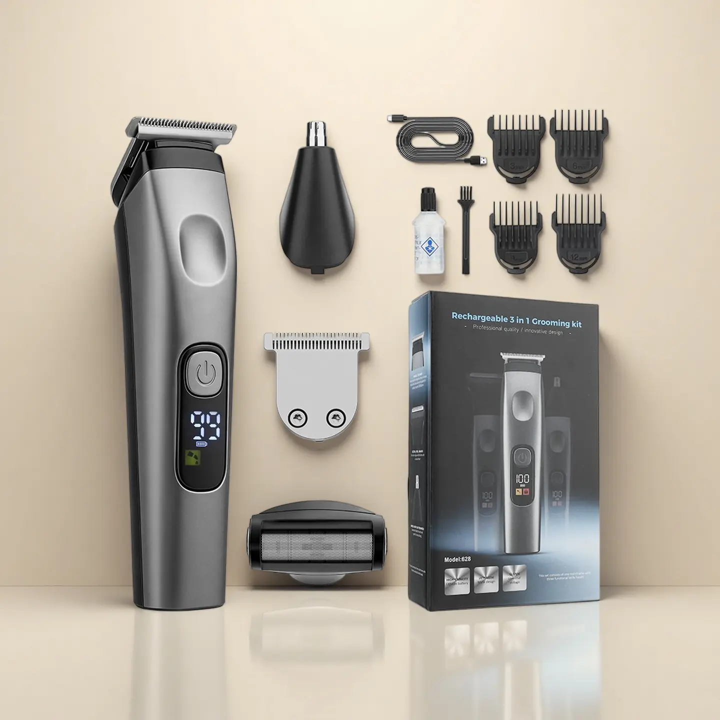No more multiple tools! 3-in-1 Men’s Hair Clipper – Beard Trimmer + Nose Hair Trimmer, Multifunctional Electric Grooming Kit