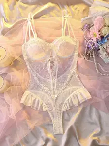 Women's Floral Lace Soft Waistband Jumpsuit, Casual Sleeveless Fitted Homewear, All Seasons Comfortable Loungewear, Floral Lace Bodysuit