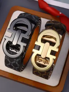 New Fashion Men's Belt Automatic Buckle Alloy Letter Buckle Business High-Quality Leather Belt, Geometric Pattern, All Seasons, Trendy Exquisite Belt, Business Casual Belt