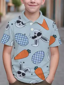 Cool Sunglasses Rabbit & Carrot Full Print Polo, Chessboard Egg Embellished, Easter Super Eye-Catching, Casual Slim-Fitting, Funny Graphic Shirt