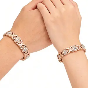 Rose Gold Matching Magnetic Bracelets for Couples, Pure Copper with Crystals, Promote Better Sleep, Balance Energy, Gentle on Skin. A Symbol of Love & Connection, Perfect Gift for Him and Her.