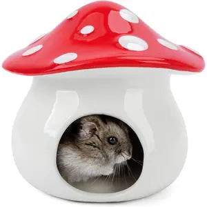 Ceramic Hamster Habitat Hideout: - Hideaway House for Syrian Dwarf Hamster Mice Gerbils Lemmings or Other Similar-Sized Small Pet (Mushroom-Shaped) Ceramic Hamster Hideout and Water Bottle