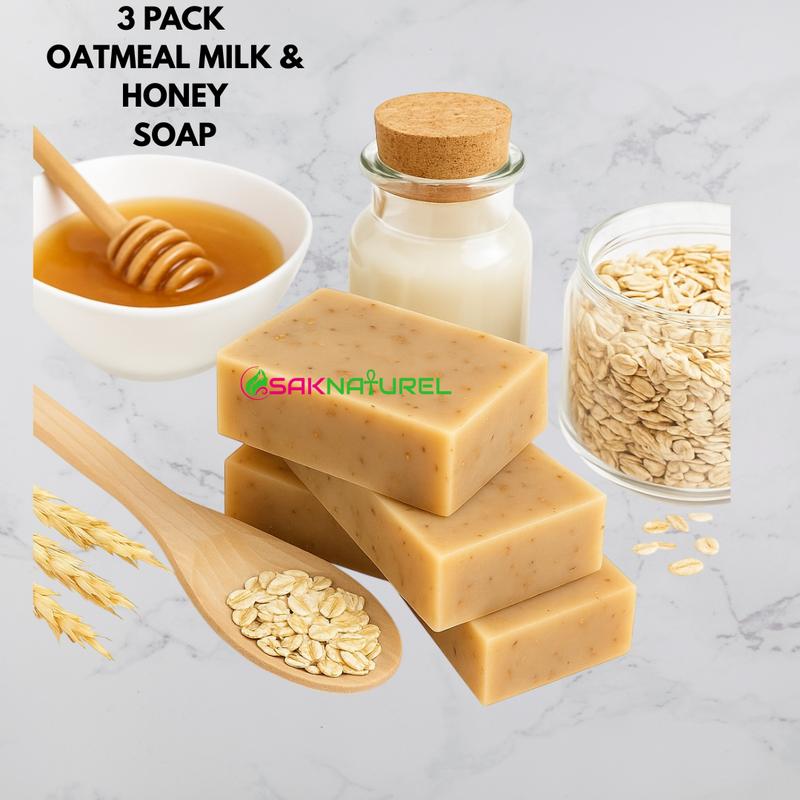 (3 PACK)OATMEAL MILK HONEY SOAP Sensitive skin Soap  Soothing Soap- All Natural Skincare for Daily Use,  Body acne dark spot remover, Bar soap for Eczema, Psoriasis, Face, Body, Men Women Teens with Oily Skin
