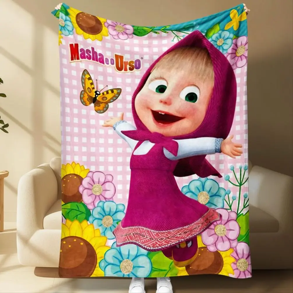Super Soft Masha and the Bear Fleece Throw Blanket, Cute Cartoon Design, Wrinkle-Resistant, Ideal for Sofa Couch Bed Watch Party, Perfect Christmas Easter Hanukkah Gift