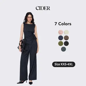 Cider 2-Piece Set Boat Neck Striped Wrap Knotted Top & Mid Rise Straight Leg Trousers Set– Office & Weekend Casual SummerWins Dealsforyou