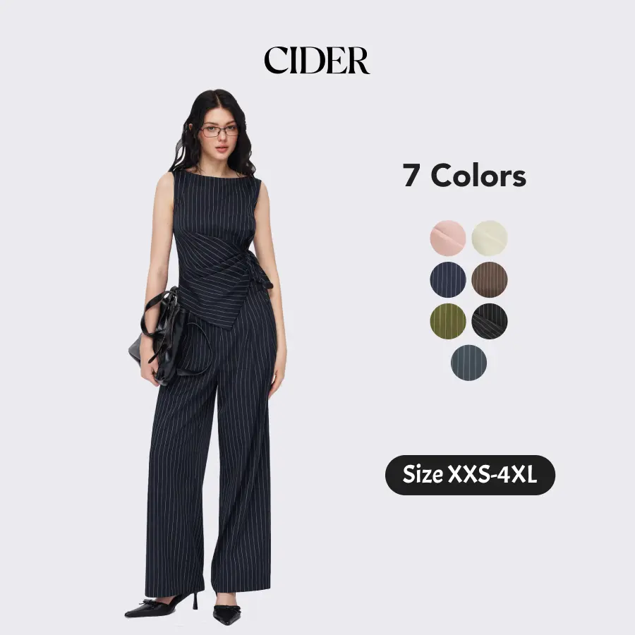 Cider 2-Piece Set Boat Neck Striped Wrap Knotted Top & Mid Rise Straight Leg Trousers Set– Office & Weekend Casual SummerWins SummerFinds