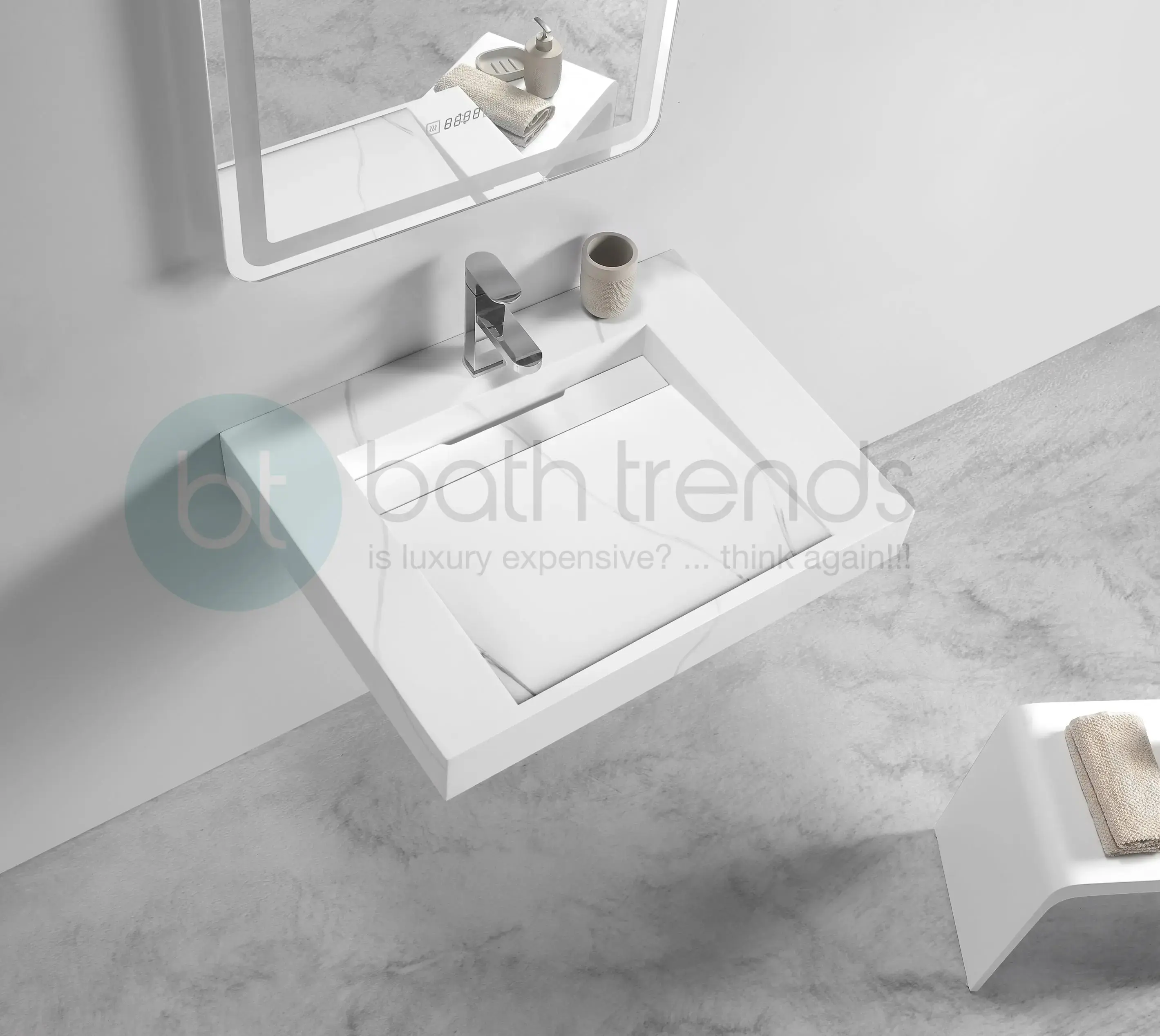 Aquamoon Venice 24" White Carrara Solid Surface Integrated Countertop Infinity Sink for Modern Bathroom Vanities & Luxury Bathrooms