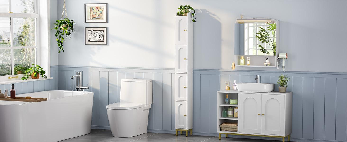 Hzuaneri 4-Tier Narrow Tall Interior Storage Cabinet, 7.9x7.9x70.9" Slim Bathroom Floor Unit with 4 Adjustable Feet, Shelves & Compartments, Space-Saving Organizer for Small Bathrooms, Kitchen, Interior Storage Furniture