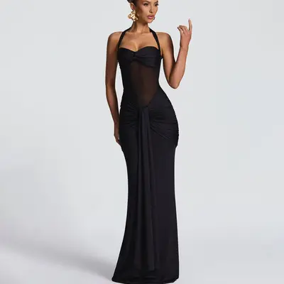 strapless open back dress Sleeveless V Plunging Neck Mesh-Overlay Maxi Dress  Wear.Style