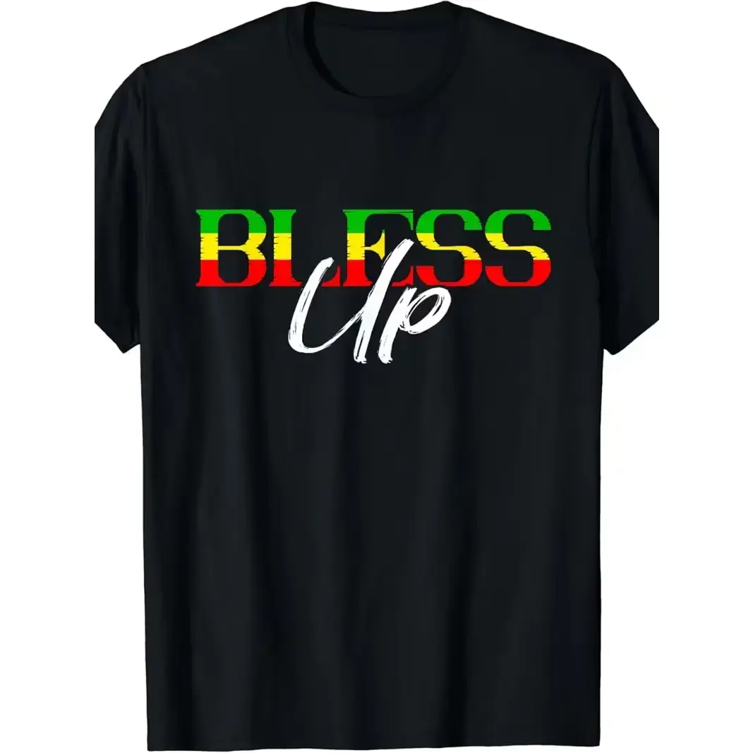 Bless Up Rastafarian Reggae Flag Jamaica Rasta Reggae T-Shirt.jpgSame style for men and women 2025 summer short-sleeved printed T-shirt pure 