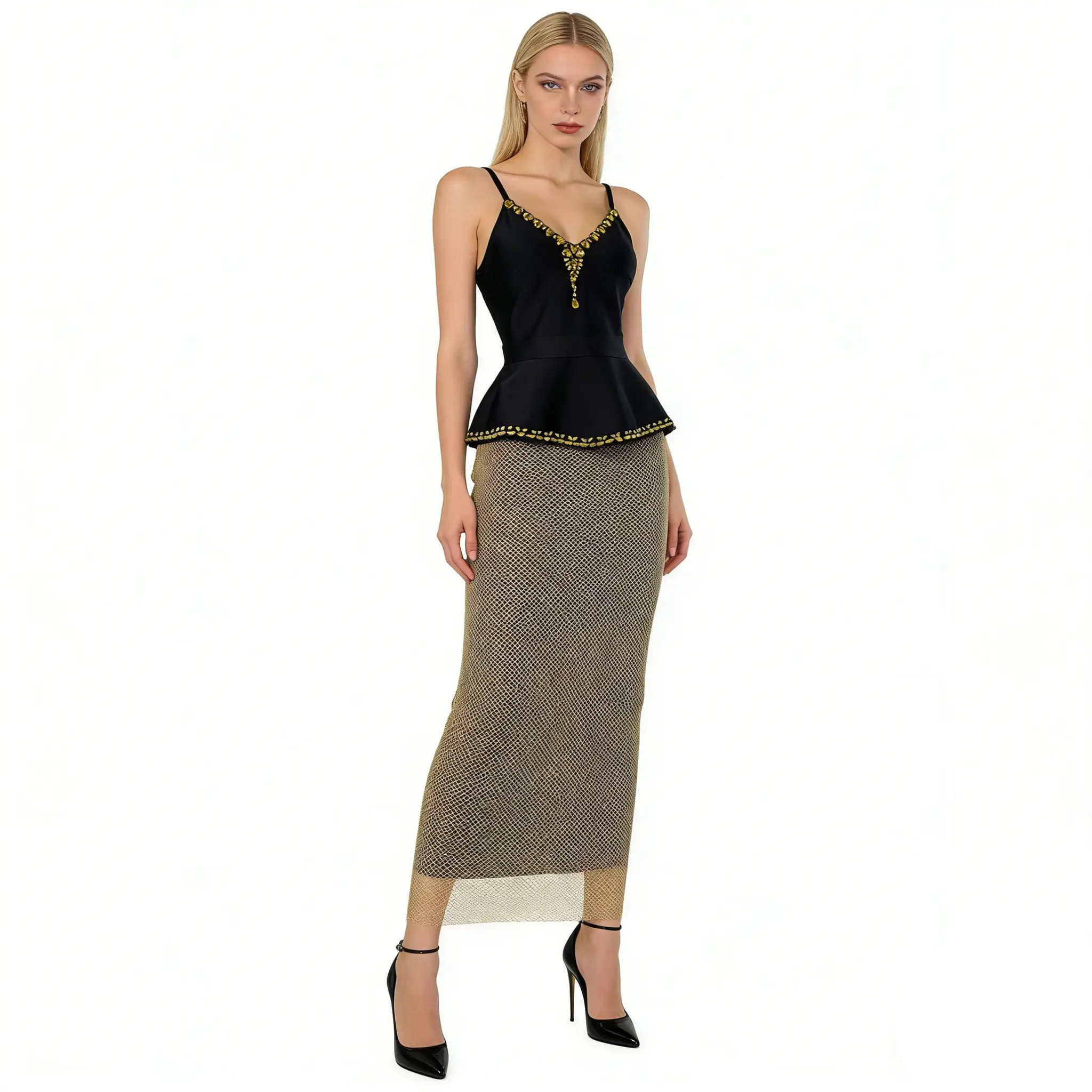 Women's Rhinestone Peplum Shapewear Cocktail Dress - Thick Bandage Fabric, Deep V, Spaghetti Straps, Sheer Mesh Skirt, Hourglass Bodycon Gown with Back Slit, Sculpting for Party, Going Out, Birthday Events, Party Fit, Tight-Fitting, Outfit Of The Night