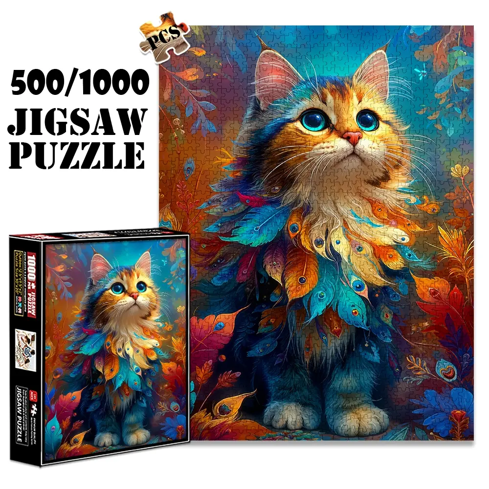 1pc 1000 piece adult puzzle 70x50cm Colorful Cat with Feather Collar in Floral Background 500 pieces of paper jigsaw puzzle, suitable for adults and families, large-scale DIY puzzle interactive toy Puzzle Game