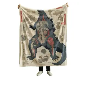 Godzilla Anatomy Blueprint Flannel Blanket - Vintage Blueprint-Style Design for Kaiju Fans and Pop Culture Lovers - Soft Warm Fabric for Cozy Movie Nights