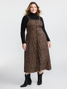 【Summer Turn-Up】Bloomchic Leopard Print Button Wide Strap Midi Dress Sleeveless Casual All Seasons Browncoffee Color Animal Print Regular Fit Browncoffeecolor 2026 Summer Pick for Mother's Day