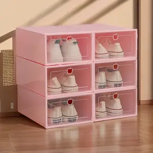 6 pink shoe storage artifacts, transparent plastic shoe boxes are simple and easy to use.