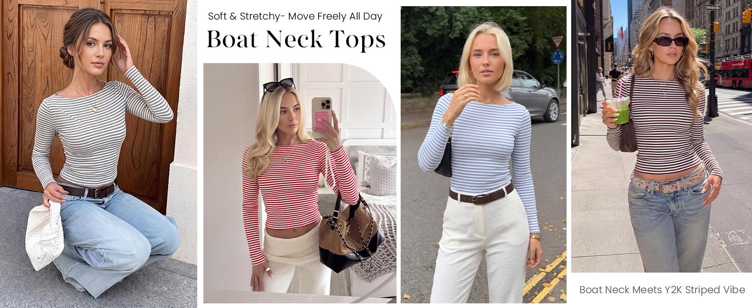 PRETTYGARDEN Long Sleeve Striped Shirts for Women | Soft Ribbed Knit ,Y2k Tshirt,Slim Fit Layering,Cute Tops,Basic Tee,Business Casual Outfits, Spring Fall Trendy Clothes#SohoChic