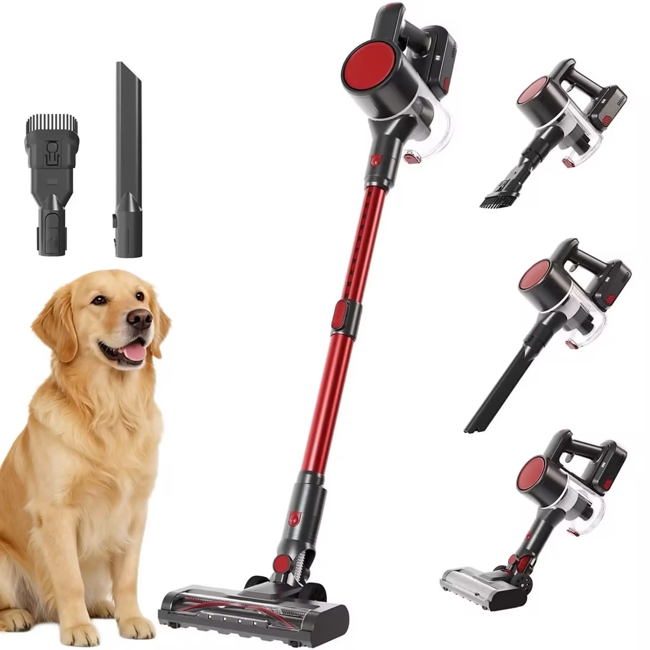 edx Cordless Stick Vacuum Cleaner, 3-in-1 Lightweight Vacuum for Pet Hair, Carpets, Floors, Black-Red