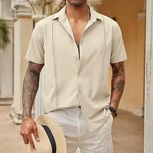 Coofandy men's button up shirt, loose pleated short sleeved casual shirt, Cuban style personalized shirt, summer daily slim fit comfortable stand up collar vacation casual shirt, classic linen soft top breathable daily form Menswear al shirt for men