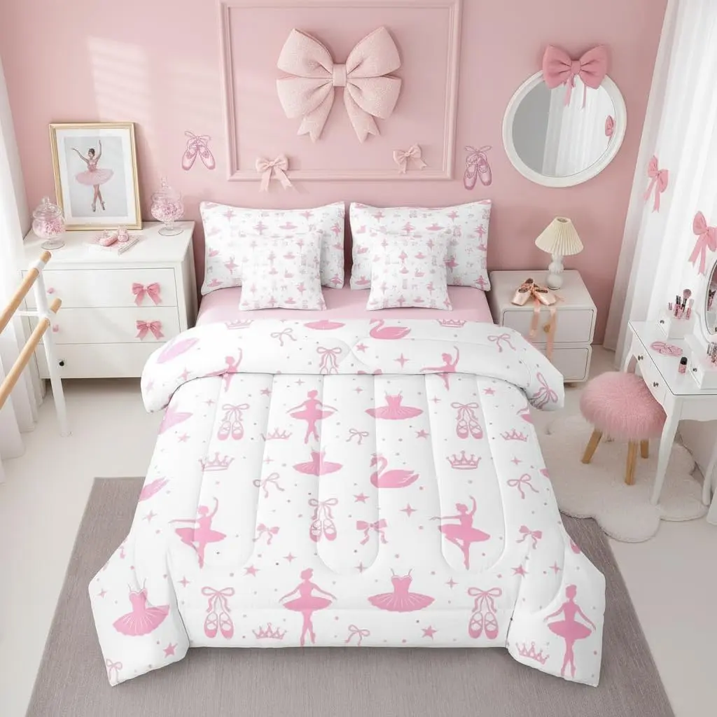 Ballerina 7 Piece Bedding Set Ballet Comforter Set with Sheets Cute Princess Dancers Bed in a Bag Coquette Swan Crown Shoes Bed Sets Comforter