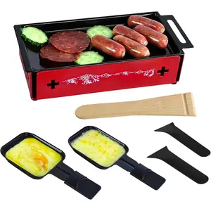 2-Person Raclette Grill - Portable Candlelight Raclette Cheese Melter with Enamel Baking Tray & Non-Stick Pans - Compact Raclette Machine for Romantic Dinner, Picnic, BBQ, Camping, Red