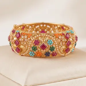 Women's Premium Nauratan Openable Statement Bangle - Gold-Plated, Colorful Rhinestones, Twisted Design, 2.4 & 2.6 Sizes, Trendy Costume Jewelry for Festive & Wedding Wear