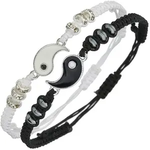 US-FASHION - 2 PC Jewelry Set Couple Black White Tai Chi Bracelet Rope Adjustable Chain Set Simple Style Daily Wear Jewelry