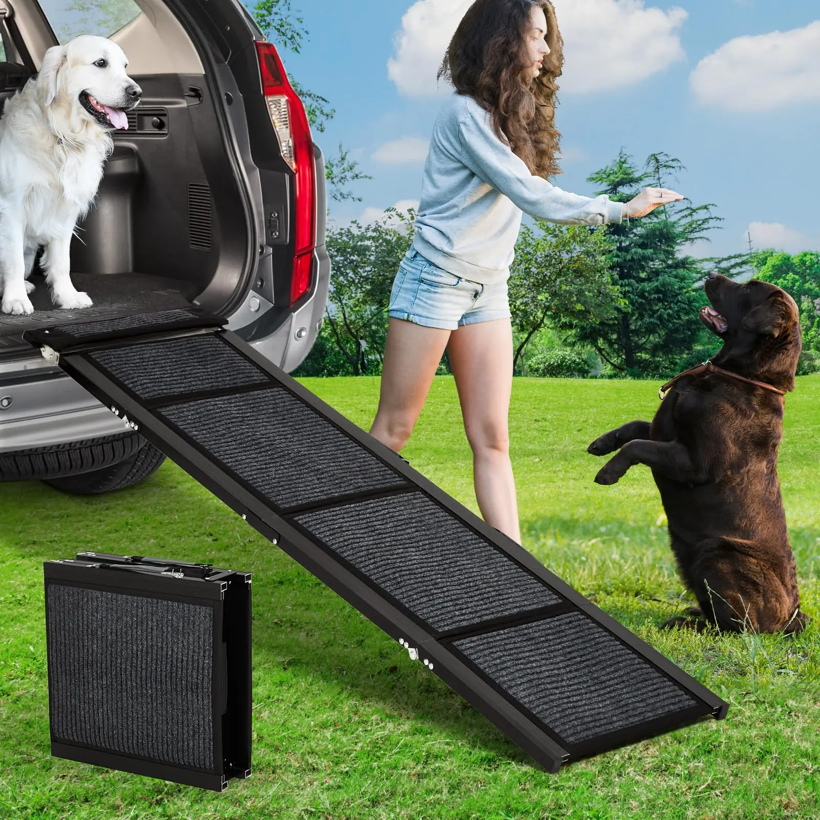 Garvee Extra Long Folding Dog Ramp with Side Handles, Non-Slip Pet Stairs for Large Dogs to Easily Access Cars, SUVs, Trucks & Outdoor Areas, Measuring 63" L × 17" W