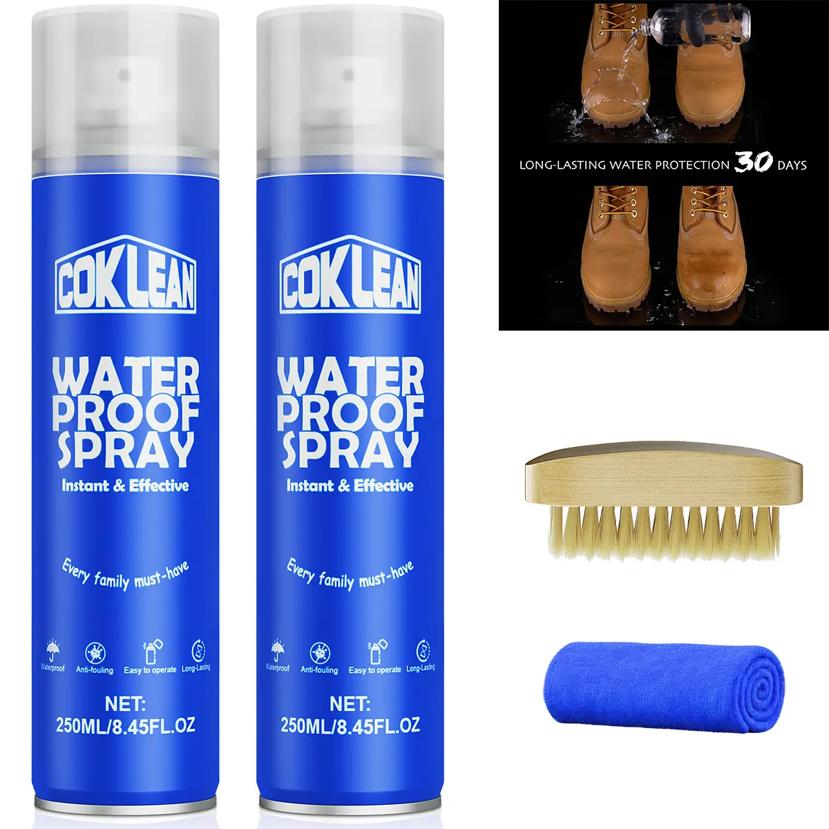Shoe waterproof spray*2pcs & Wooden brush & towel