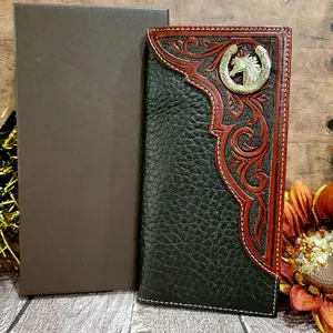 Western wallet horse concho Cowboy wallet long bifold genuine leather with tooled design