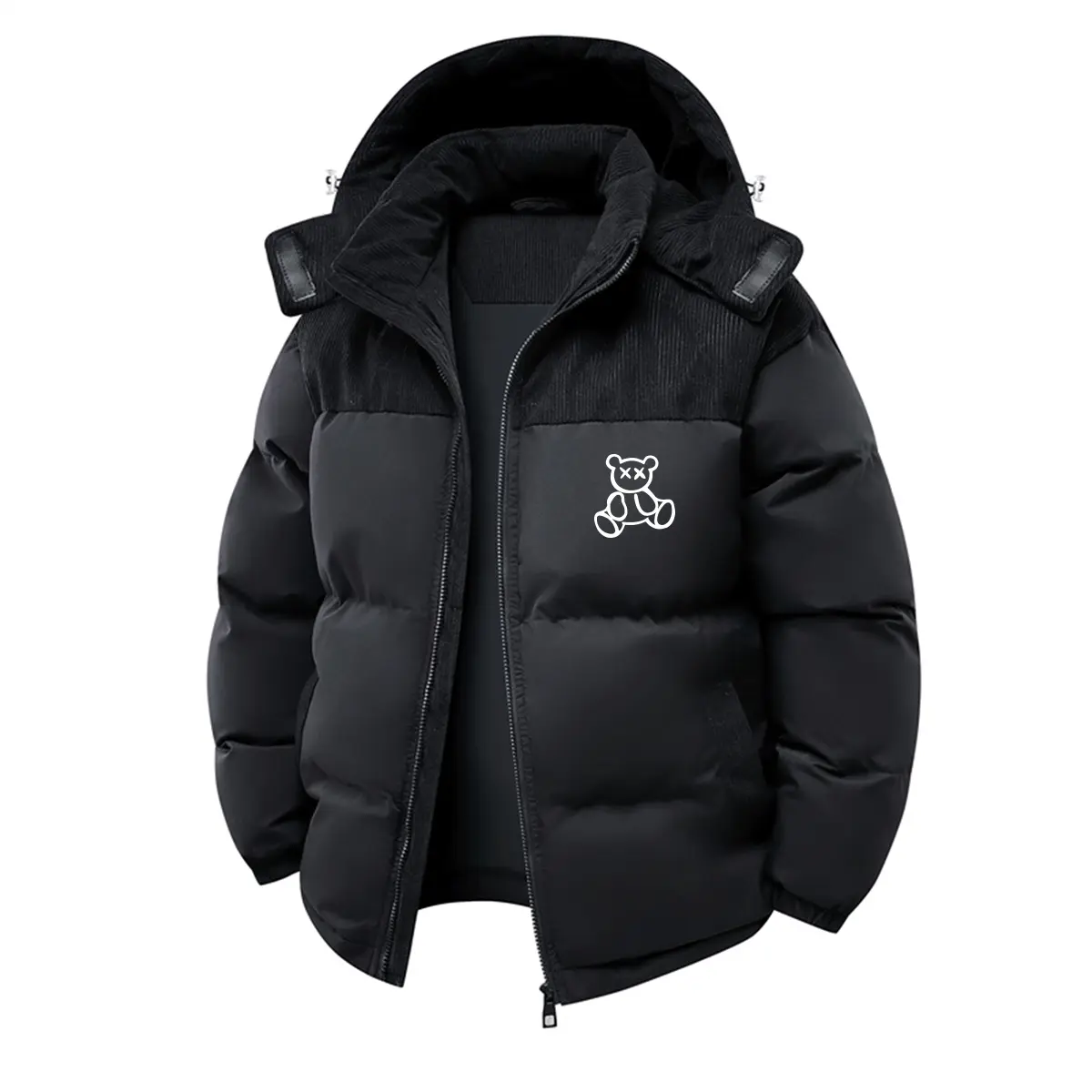 Men's Long Sleeve Padded Hooded Jacket with Teddy Bear Print and Corduroy Accents, Aesthetic Casual Top for Chilly Days, Tops, Chic, Basics