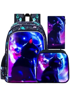 Kids' Galaxy Cat Backpack Set, Cute Cartoon Design, Includes Insulated Lunch & Pencil Cases, Ideal for All-Season Use