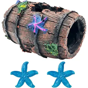 Star-Fish Broken Barrel Decor Resin Betta Tank Ornaments Accessories for Cave Hide Decoration, 1pc Broken Barrel, 2pcs Blue Star Fish Ornaments