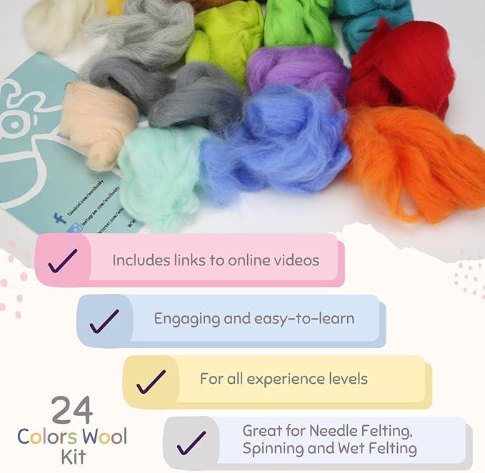 Needle Felting Wool Kit – 24 Colors Mixed Wool Roving for DIY Craft Projects