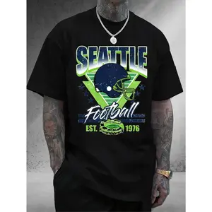 Oversized Graphic Tee, Vintage Casual Seattle Football EST 1976 Retro T-Shirt, Retro Seahawks Style Football Shirt for Men, Aesthetic Sports Top, Trendy Fan Apparel, Unique Gift for Him