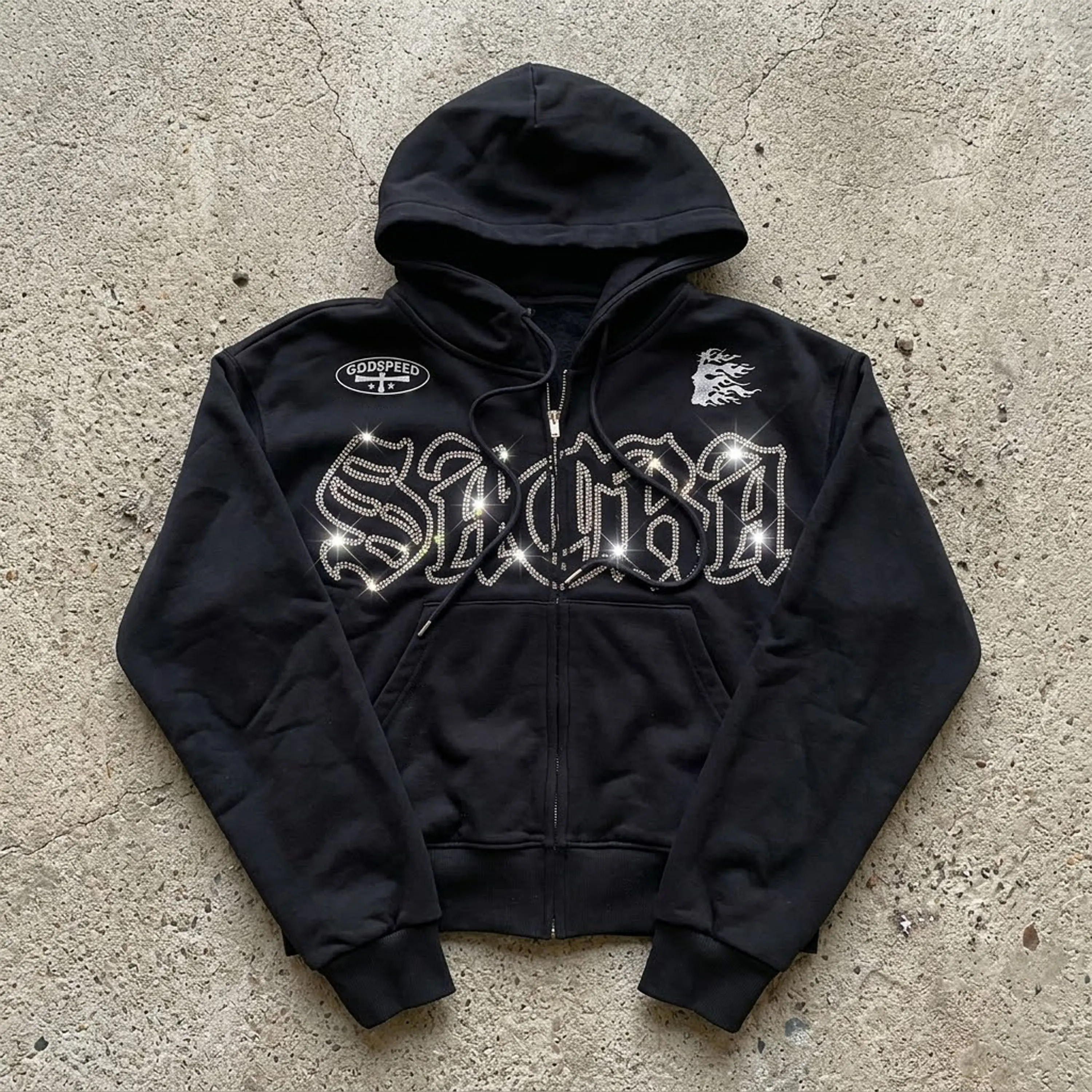 SOPULA Men's God Speed Sacra Rhinestone Graphic Zippered Hoodie