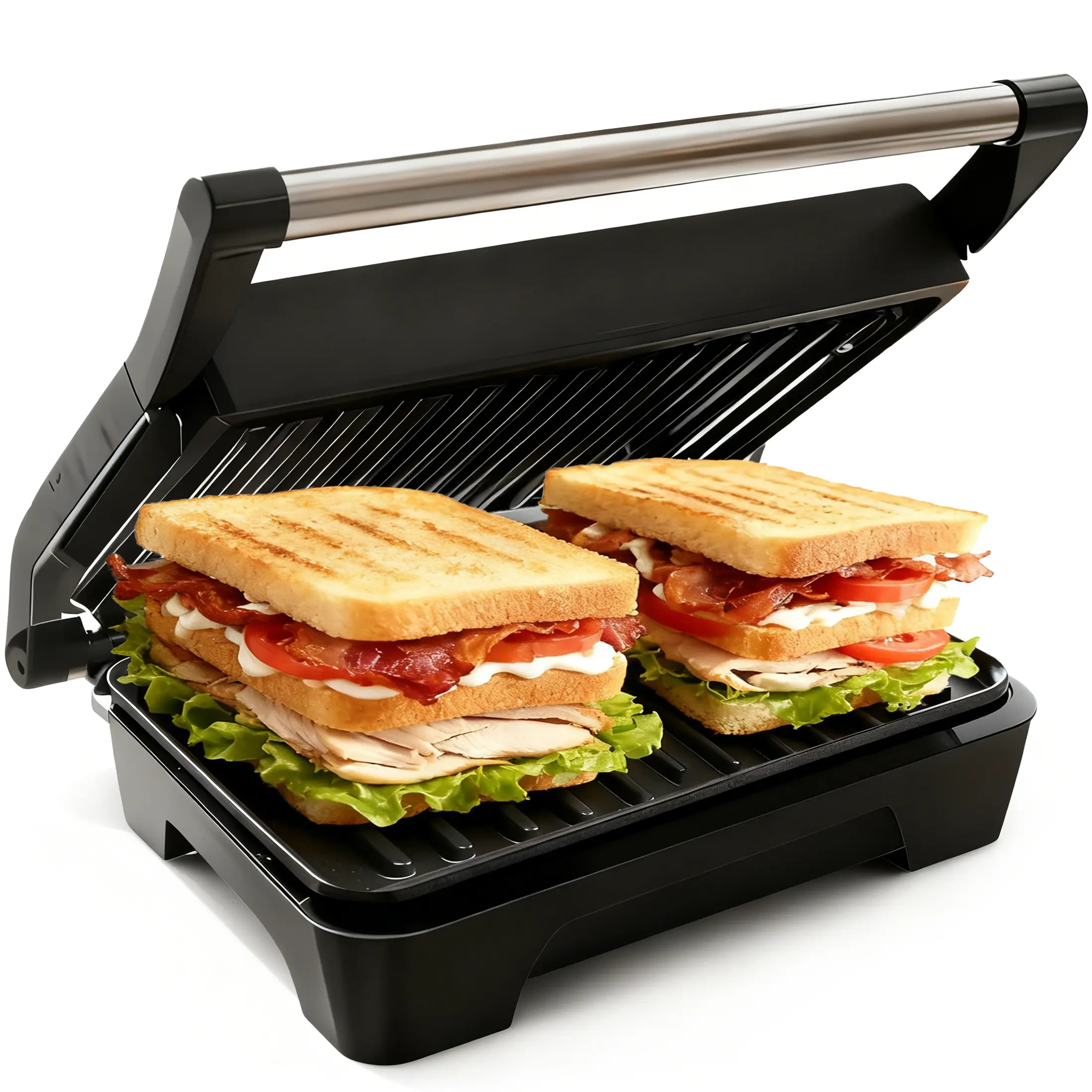 Stainless Steel Panini Press & Sandwich Maker, Non-Stick Plates, Removable Drip Tray, Indoor Grill for Burgers, Steaks & More pan