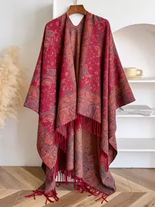 Bohemian Style Split Hem Shawl, Fall & Winter Warm Scarf, Floral Pattern, Dual-Sided Design, Perfect Gift for Mother's Day, Paisley Print Shawl