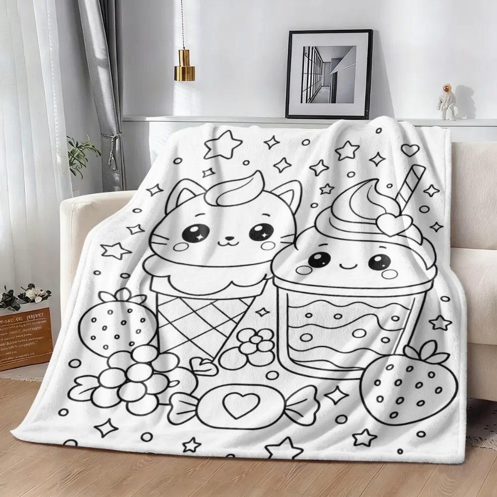 Cute Cat Dessert Coloring Book Style Blanket, Soft Flannel Throw Blanket with Black White Kawaii Cat Ice Cream Cupcake Strawberry Candy Print, Cozy Gift for Kids Girls Teens and Cat Lovers, Fun Sweet Room Decor for Bed Couch Sofa Dorm