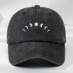 Aesthetic Moon Phase Embroidery Washed Cotton Dad Hat, Celestial Retro Distressed Baseball Cap for Men Women, Unstructured Soft Top Sun Visor, Unique Astrology Gift Choice for Besties & Moon Lovers